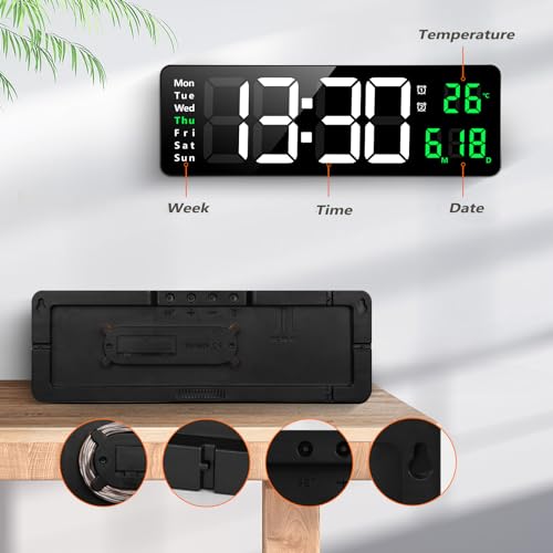 Koolertron Reloj de Pared, Reloj Digital de Pared 16 Pulgada con Control Remoto para Sala de Estar,Gimnasio,Tienda,Oficina,Brillo Automático con Despertador,Fecha,Semanal y Temperatura