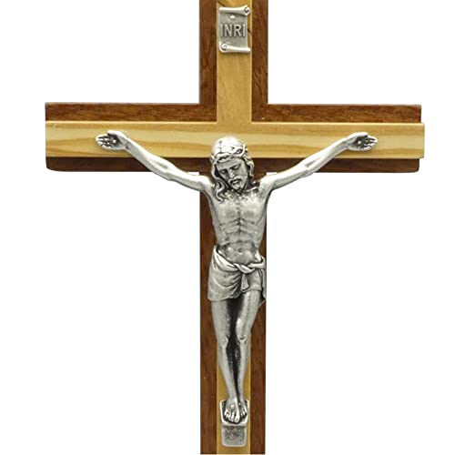 kruzifix24 Cruz de pie de madera de caoba con vigas de madera de olivo, cuerpo recto, metal plateado, 17 x 8,5 cm, cruz altar para casa, casa de cuidados para viajes