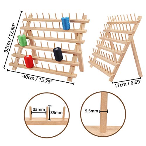 Kurtzy Porta Hilos de Madera para 60 Carretes de Hilo - Organizador Costura de Mesa con Ganchos para Colgarlo - Organizador de Hilos de Madera de Haya Soporte Hilos Bordado, Costura, Hacer Colchas