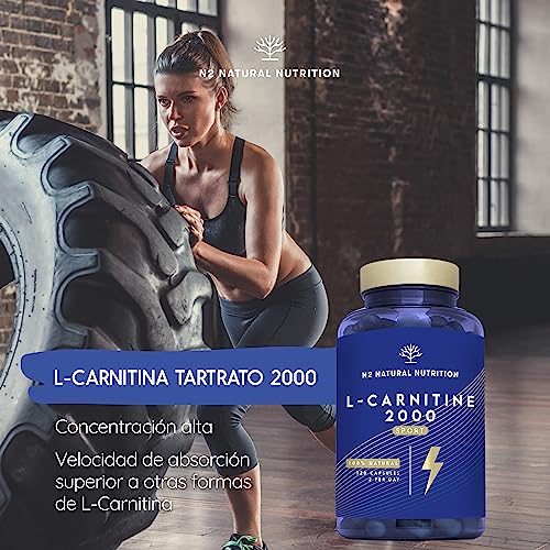 L CARNITINA 100% Natural 2000 mg. Suplementos Deportivos. 120 Cápsulas 60 días, L-Carnitina Preentreno Gimnasio. Mejora Energía, Resistencia y Rendimiento. Sin Azúcar. CE. N2 Natural Nutrition