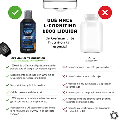 L-Carnitina 6000 Líquido - 1000 ml - Dosis extra alta con 6000 mg de L-Carnitina pura por porción diaria - Bebida Amino-Entrenamiento - Sabor delicioso (Orange Power) - Vegano