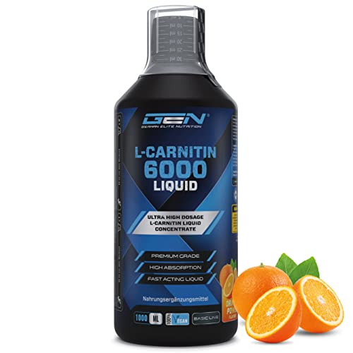 L-Carnitina 6000 Líquido - 1000 ml - Dosis extra alta con 6000 mg de L-Carnitina pura por porción diaria - Bebida Amino-Entrenamiento - Sabor delicioso (Orange Power) - Vegano