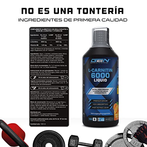 L-Carnitina 6000 Líquido - 1000 ml - Dosis extra alta con 6000 mg de L-Carnitina pura por porción diaria - Bebida Amino-Entrenamiento - Sabor delicioso (Orange Power) - Vegano