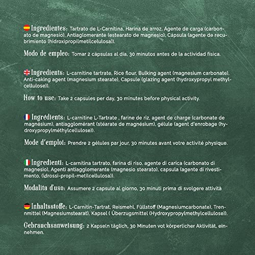 L- Carnitina quemagrasas potente. L-Carnitina pura en cápsulas. Quemagrasas Potente Natural. Aumenta tu Energía y mejora tu Rendimiento, Resistencia y Recuperación. 120 cápsulas vegetales.