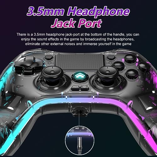 Laazii Mando para PS4, Inalámbrico Mando PS4 Controlador con Barra de Luz/Doble Vibración/6 Axis Gyro, Batería de 800mAh, Transparente Gamepad Game Mandos Games Accesorios para PS4/Slim/Pro