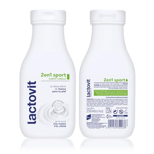 Lactovit - Gel de Ducha y Champú 2 en 1 Sport, para Pieles y Cabellos Normales, Gel Cuerpo y Cabello, Delicado y Sofisticado, 250 Mililitros