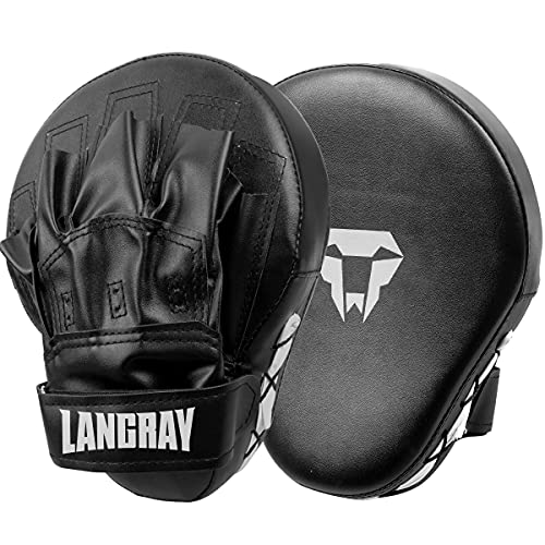 LangRay Guantes de Boxeo Curvados Manoplas de Boxeo Almohadillas Entrenamiento Cuero Paos de Boxeo PU Muay Thai Manoplas Boxeo para Kickboxing MMA Taekwondo,Negro