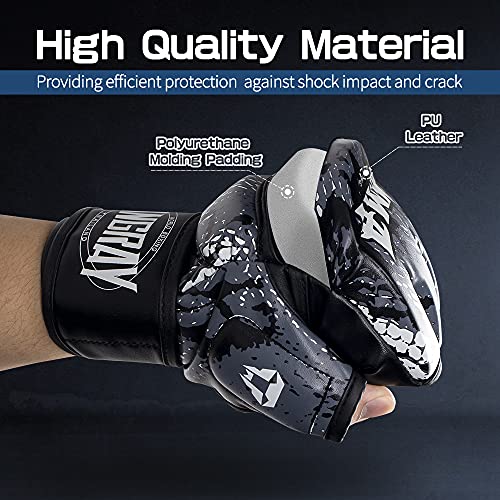 LangRay Guantes MMA, Guantes de Boxeo UFC Grappling Sparring Guante Artes Marciales Combate Kárate Saco Guantillas Cuero sin Dedos Protección para Hombre y Mujer, S