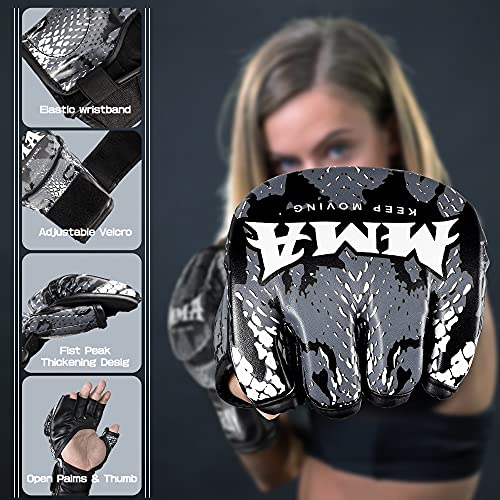 LangRay Guantes MMA, Guantes de Boxeo UFC Grappling Sparring Guante Artes Marciales Combate Kárate Saco Guantillas Cuero sin Dedos Protección para Hombre y Mujer, S