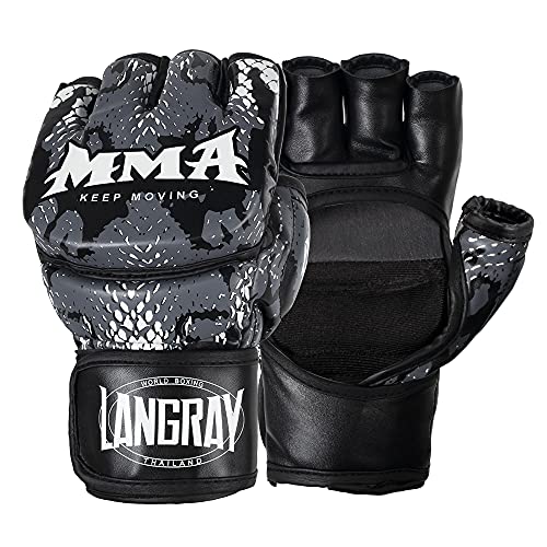 LangRay Guantes MMA, Guantes de Boxeo UFC Grappling Sparring Guante Artes Marciales Combate Kárate Saco Guantillas Cuero sin Dedos Protección para Hombre y Mujer, S