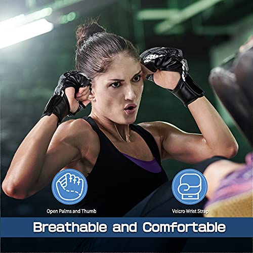 LangRay Guantes MMA, Guantes de Boxeo UFC Grappling Sparring Guante Artes Marciales Combate Kárate Saco Guantillas Cuero sin Dedos Protección para Hombre y Mujer, L