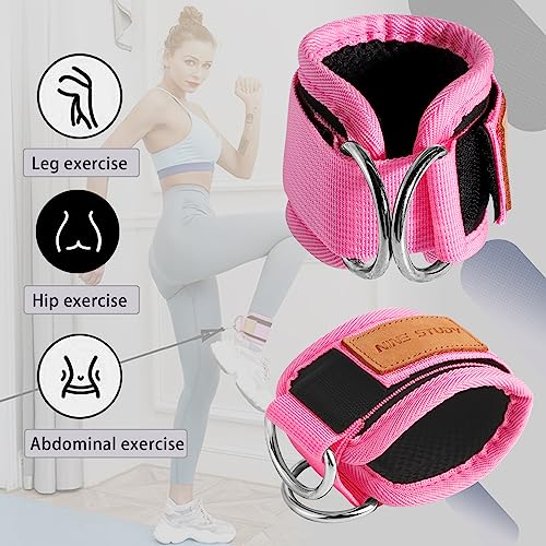 Lanjue Tobilleras Poleas Gym, Ajustable Correas Tobillos Gym Acolchada, Correa de Tobillo Gimnasio con Anillo en D para Mujeres Hombres Gimnasio Casa (Rosa)