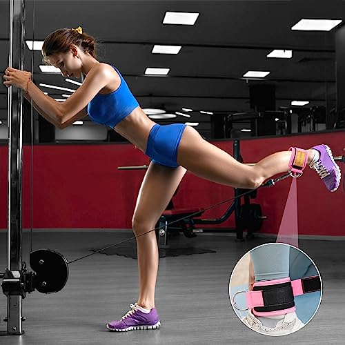 Lanjue Tobilleras Poleas Gym, Ajustable Correas Tobillos Gym Acolchada, Correa de Tobillo Gimnasio con Anillo en D para Mujeres Hombres Gimnasio Casa (Rosa)