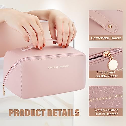 Lannvan Neceser Mujer, Gran Capacidad Neceser PU Impermeable, con Compartimento y Soporte de Cepillo de Maquillaje de Viaje de Silicona Makeup Bag (Rosa)