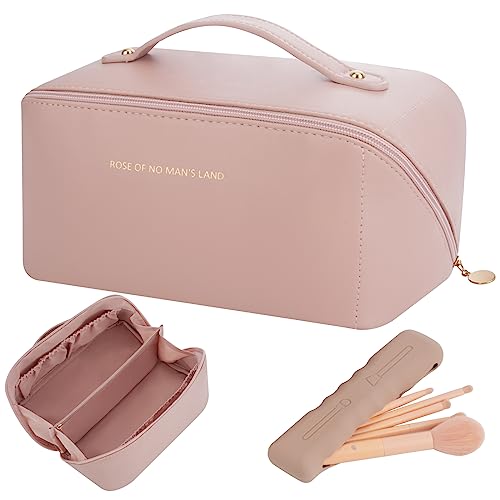 Lannvan Neceser Mujer, Gran Capacidad Neceser PU Impermeable, con Compartimento y Soporte de Cepillo de Maquillaje de Viaje de Silicona Makeup Bag (Rosa)