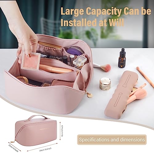 Lannvan Neceser Mujer, Gran Capacidad Neceser PU Impermeable, con Compartimento y Soporte de Cepillo de Maquillaje de Viaje de Silicona Makeup Bag (Rosa)