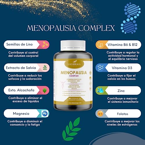 Lazarraga | Tratamiento de la Menopausia | Control de Sofocos | Alivia el Hinchazón Abdominal | Vientre plano | Sin Soja ni Conservantes | Vegano | Tratamiento 3 Meses | 180 Cápsulas Vegetales