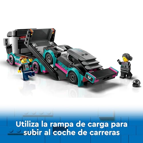 LEGO City Coche de Carreras y Camión de Transporte de Juguete, Juego de Construcción con Vehículo de Competición, Minifiguras de Piloto y Camionero, Regalo para Niños y Niñas de 6 Años o Más 60406