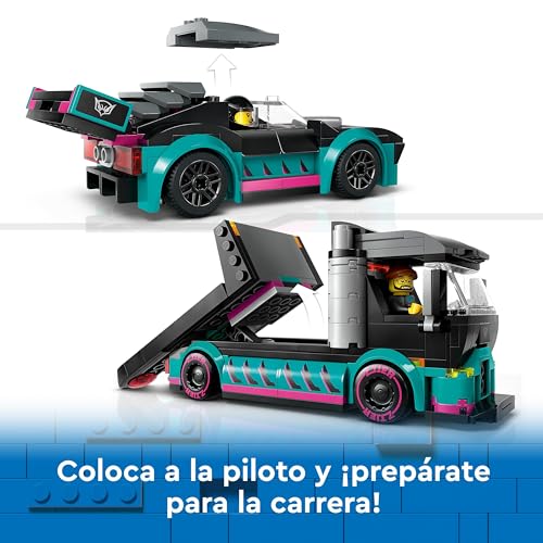 LEGO City Coche de Carreras y Camión de Transporte de Juguete, Juego de Construcción con Vehículo de Competición, Minifiguras de Piloto y Camionero, Regalo para Niños y Niñas de 6 Años o Más 60406