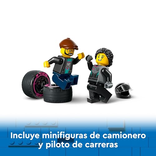 LEGO City Coche de Carreras y Camión de Transporte de Juguete, Juego de Construcción con Vehículo de Competición, Minifiguras de Piloto y Camionero, Regalo para Niños y Niñas de 6 Años o Más 60406