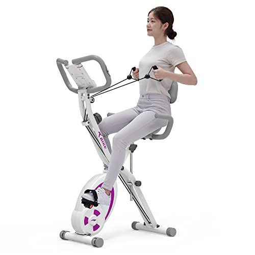 leikefitness Bicicleta estática plegable reclinada con bandas de resistencia de brazo, sensor de pulso, monitor LCD y fácil de montar, bicicleta de ciclismo interior 2280 (morado)