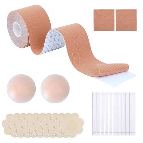 Leiptes Cinta Adhesiva Pecho Push Up Cinta Sujetador Pecho con 1 Pares Sujetador de Silicona, 10 Pares Sujetador Adhesivo, 36pcs Cinta Doble Cara y 1 Rollo Cinta Adhesiva para Pechos