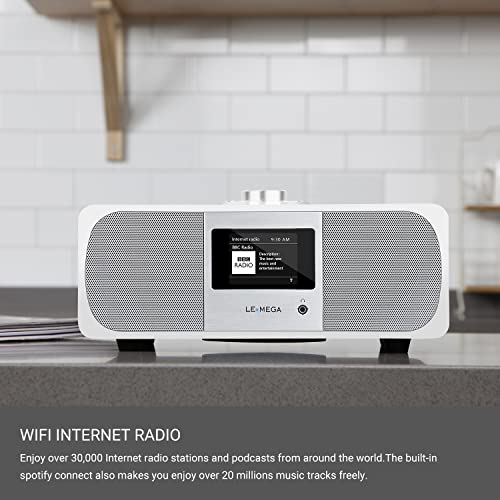 LEMEGA M3P Radio Internet Estéreo WiFi,Radio Digital Dab/Dab+ y FM,Bluetooth,Spotify,Salida de Auriculares,60 Preselecciones,Reloj con Doble Alarma,Mando a Distancia y Control por App - Roble Blanco