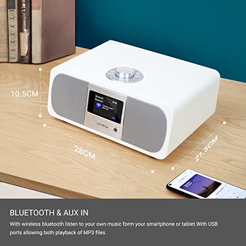 LEMEGA M3P Radio Internet Estéreo WiFi,Radio Digital Dab/Dab+ y FM,Bluetooth,Spotify,Salida de Auriculares,60 Preselecciones,Reloj con Doble Alarma,Mando a Distancia y Control por App - Roble Blanco