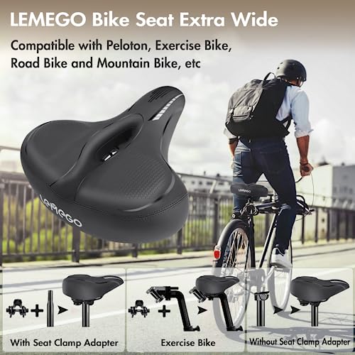 LEMEGO Sillín Bicicleta Cómodo Grande, Sillin Bicicleta MTB Hombre Mujer Antiprostatico Gel Acolchada Transpirable Reflectante Asiento para Bicicleta Montaña Electrica Estatica Spinning Bici