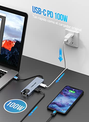 Lemorele Adaptador 5 en 1, con HDMI 4K, 2 USB C 3.0, Carga Súper Rápida de 100W, Ethernet para MacBook Air/Pro M1, iPad Pro M1, Chromecast, Switch, PS4, Windows