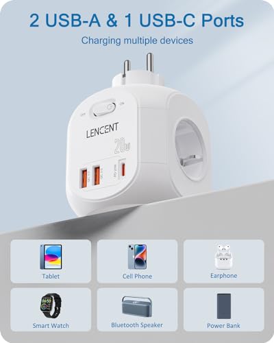 LENCENT Enchufe USB Cubo con Carga Rápida PD20W, Ladron 4000W con 4 Tomas de CA, 2 USB y 1 PD20W, Cubo Enchufe Multiple Pared con Interruptor, Cargador para Familia, Cocina y Oficina