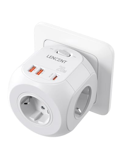 LENCENT Enchufe USB Cubo con Carga Rápida PD20W, Ladron 4000W con 4 Tomas de CA, 2 USB y 1 PD20W, Cubo Enchufe Multiple Pared con Interruptor, Cargador para Familia, Cocina y Oficina