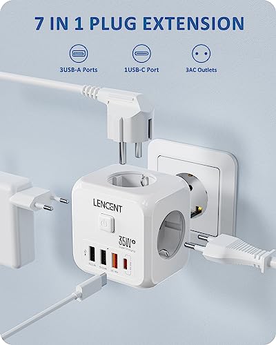 LENCENT Enchufe USB Cubo con Carga Rápida PD35W, Ladron Enchufe 4000W con 3 Tomas de CA, 3 USB y 1 PD35W, Cubo Enchufe Multiple Pared con Interruptor, Cargador USB para Familia, Cocina y Oficina