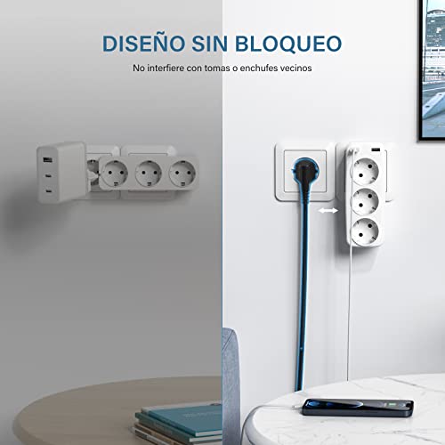 LENCENT Ladron Enchufes Multiples, 4000W, Adaptador de Pared con 3 Clavija Schuko y 2 Puertos USB, para Portátil, Familia, Oficina, Cocina