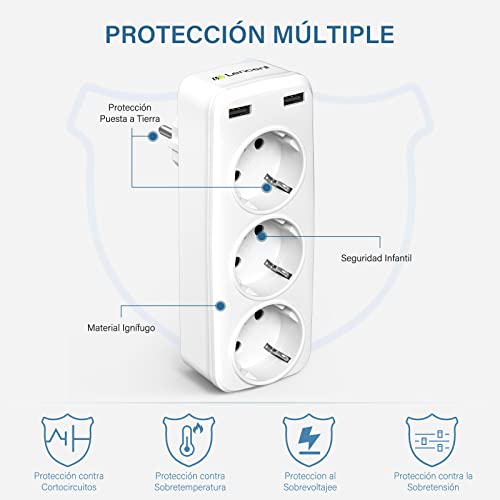 LENCENT Ladron Enchufes Multiples, 4000W, Adaptador de Pared con 3 Clavija Schuko y 2 Puertos USB, para Portátil, Familia, Oficina, Cocina