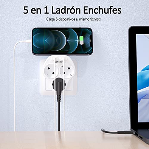 LENCENT Ladron Enchufes Triangular 4000W, Adaptador Enchufes de Pared con 3 Tomas de CA y 2 USB Puertos, Multiple Cargador USB Compatible con Móvil y Pad, Perfecto para Familia, Cocina y Oficina