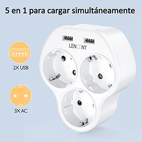 LENCENT Ladron Enchufes Triangular 4000W, Adaptador Enchufes de Pared con 3 Tomas de CA y 2 USB Puertos, Multiple Cargador USB Compatible con Móvil y Pad, Perfecto para Familia, Cocina y Oficina