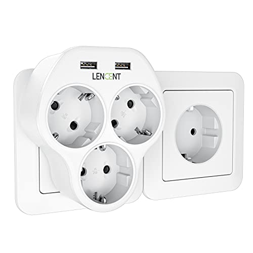 LENCENT Ladron Enchufes Triangular 4000W, Adaptador Enchufes de Pared con 3 Tomas de CA y 2 USB Puertos, Multiple Cargador USB Compatible con Móvil y Pad, Perfecto para Familia, Cocina y Oficina