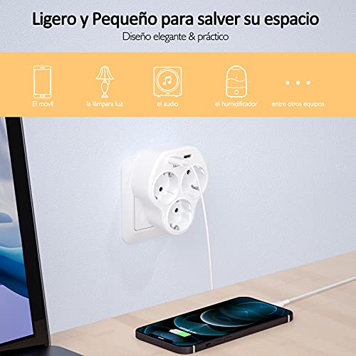 LENCENT Ladron Enchufes Triangular 4000W, Adaptador Enchufes de Pared con 3 Tomas de CA y 2 USB Puertos, Multiple Cargador USB Compatible con Móvil y Pad, Perfecto para Familia, Cocina y Oficina