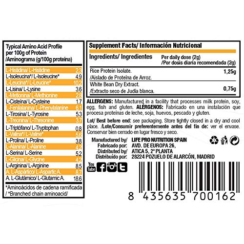 Life Pro Carb Stop bloqueador de carbohidratos y grasas a base de aislado de proteína de arroz y judía blanca – Inhibidor de hidratos de carbono y azúcar para contribuir en la pérdida de peso – 80 gr