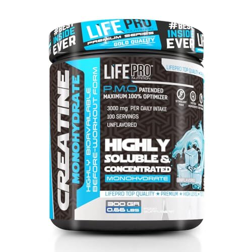 Life Pro Creatine Monohydrate 200Mesh 300g | Suplemento de Creatina en Polvo con 99.9% de Pureza, Aumenta Resistencia y Fuerza, Sabor Neutro