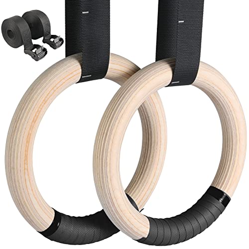 LIFERUN Anillos de Gimnasia de Madera,Anillo de Fitness -28 mm/32 mm,Anillos de Gimnasio Olímpica, con Correa de Mano Antideslizante, Correa de Nylon Ajustable y Rotulador,Anillos de Entrenamiento