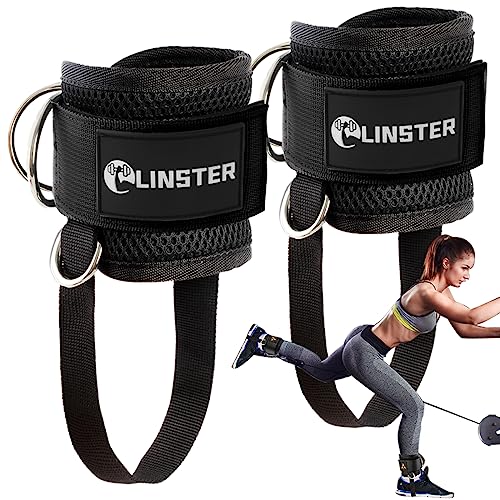 LINSTERR Tobilleras Poleas Gym, 2 Piezas Tobillera para Polea Neopreno de Ajuste Cómodo Ajustable y 4 Anillas en D Reforzadas, Gluteos y Piernas, Accesorios para Gym Mujeres y Hombres