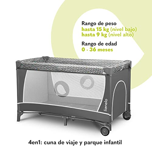 lionelo Flower Camita de Viaje 4 en 1 65 x 125 x 76 cm para niños hasta 15 kg Colchón Organizador Cambiador Toy Bar Juguetes interactivos 2 Reudas Compacta Bolsa para Transportar Gris