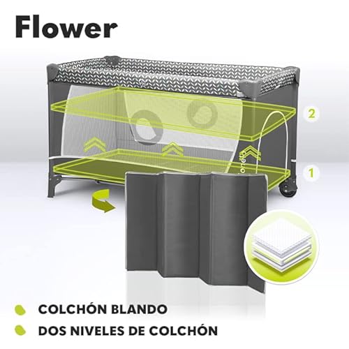 lionelo Flower Camita de Viaje 4 en 1 65 x 125 x 76 cm para niños hasta 15 kg Colchón Organizador Cambiador Toy Bar Juguetes interactivos 2 Reudas Compacta Bolsa para Transportar Gris