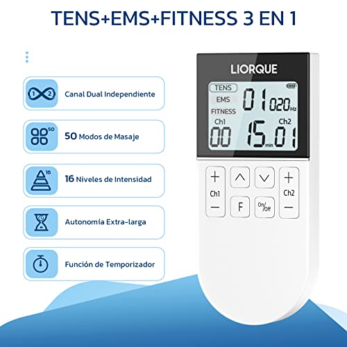 LIORQUE Electroestimulador Muscular, Electroestimulador TENS/EMS/FITNESS 3 en 1, 50 Modos, 10 Piezas de Electrodos TENS, 16 Niveles de Intensidad Para el Alivio del Dolor