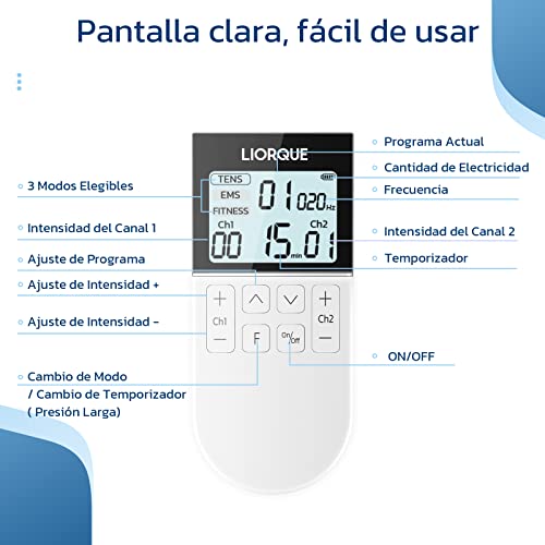 LIORQUE Electroestimulador Muscular, Electroestimulador TENS/EMS/FITNESS 3 en 1, 50 Modos, 10 Piezas de Electrodos TENS, 16 Niveles de Intensidad Para el Alivio del Dolor