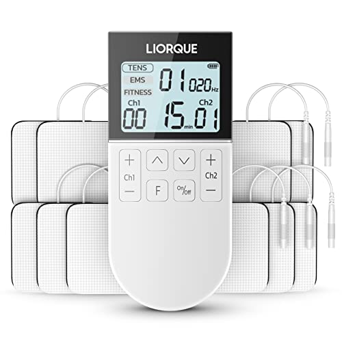 LIORQUE Electroestimulador Muscular, Electroestimulador TENS/EMS/FITNESS 3 en 1, 50 Modos, 10 Piezas de Electrodos TENS, 16 Niveles de Intensidad Para el Alivio del Dolor