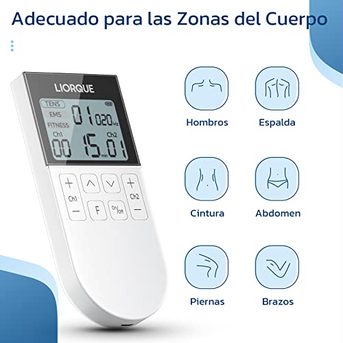 LIORQUE Electroestimulador Muscular, Electroestimulador TENS/EMS/FITNESS 3 en 1, 50 Modos, 10 Piezas de Electrodos TENS, 16 Niveles de Intensidad Para el Alivio del Dolor