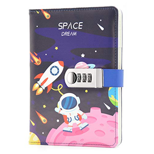 Lirener Creativo PU Notebook Código Libro con la Cerradura(Tema Espacial), A5 Password Notebook Contraseña Bloc de Notas Secret Diary Sketchbook Organizador con Cerradura de Combinación, 145x210mm